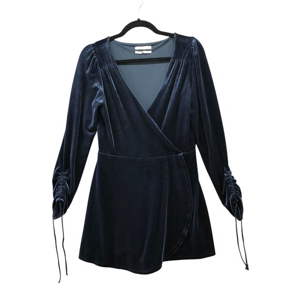 Urban Outfitters Velvet Faux Wrap Romper Mini Dress M Blue V-Neck Long Sleeve - Picture 1 of 9
